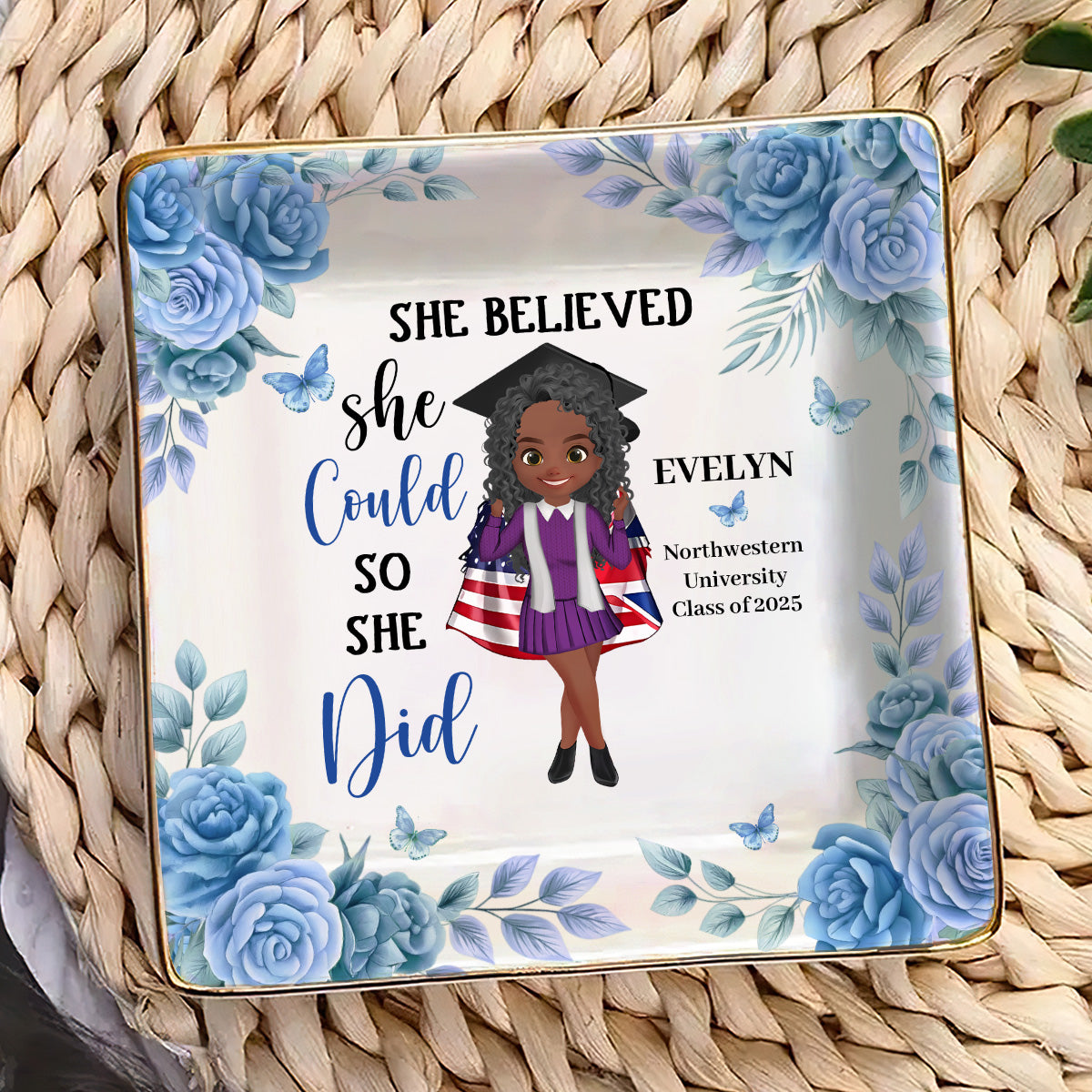 She Believed She Could So She Did - Personalized Ceramic Ring Dish Square