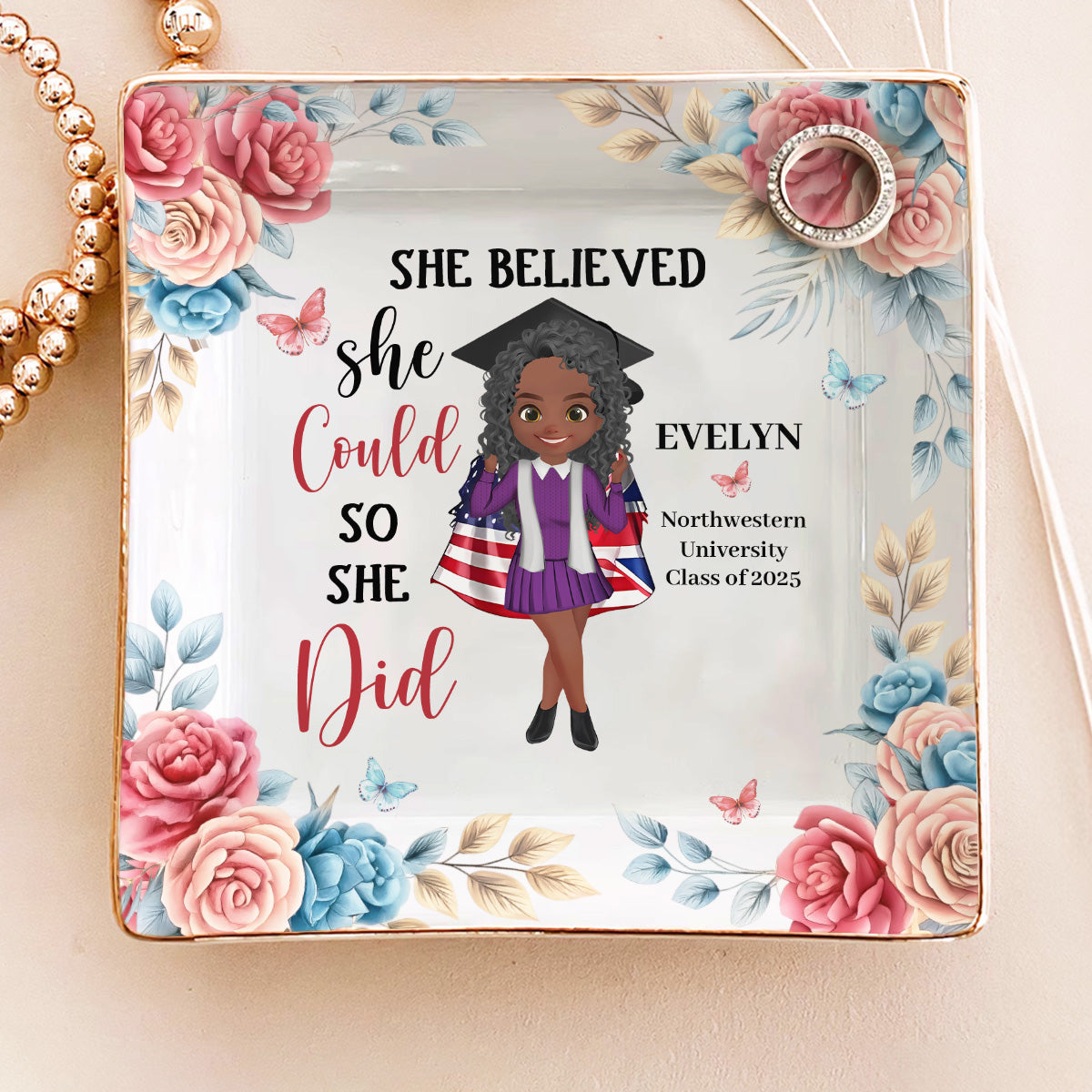 She Believed She Could So She Did - Personalized Ceramic Ring Dish Square