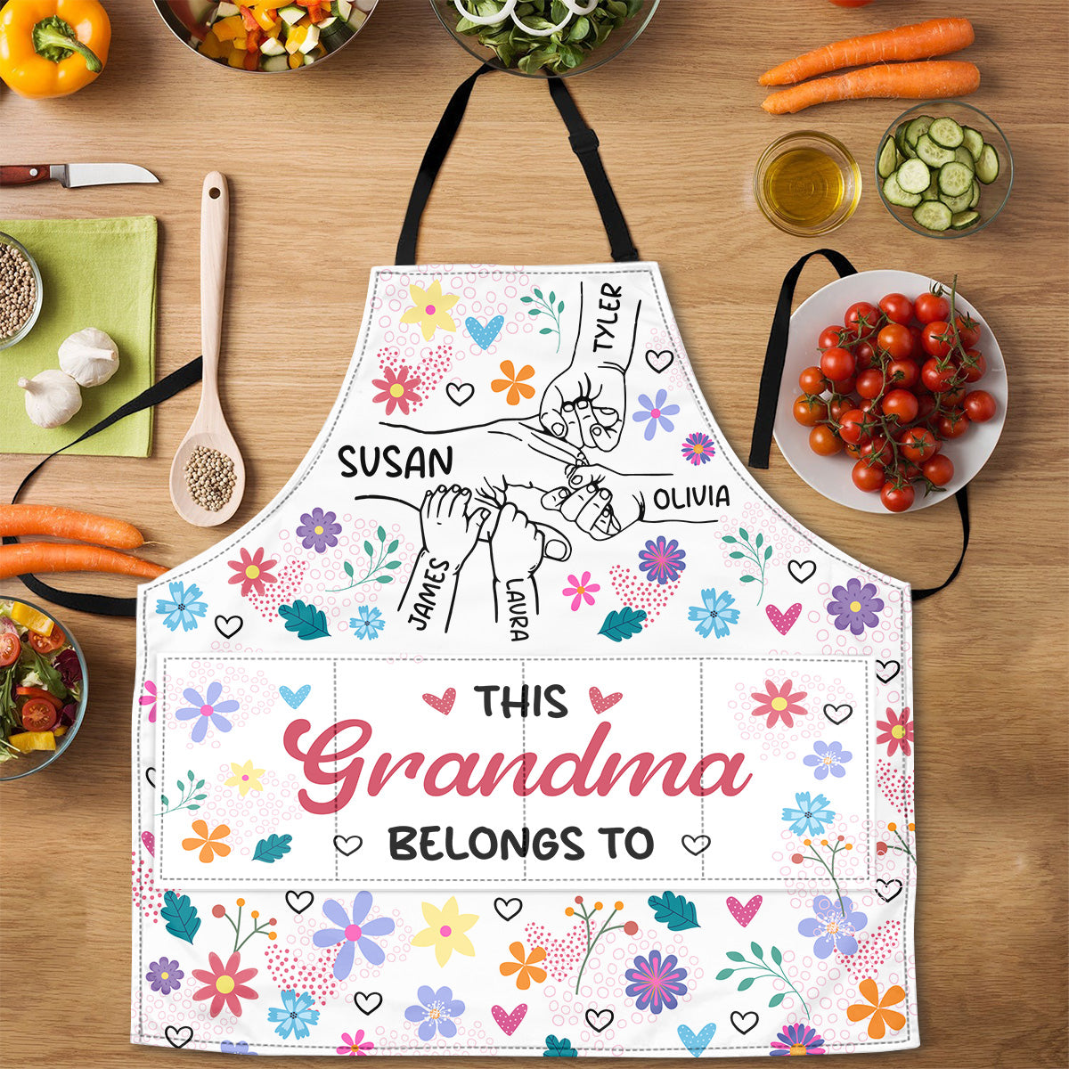 Grandma Holding Hands With Colorful Flowers - Personalized Apron With Packet