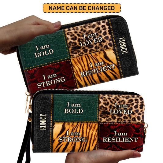 I am BOLD, LOVED, STRONG, RESILIENT - Personalized Leather Clutch Purse STB49