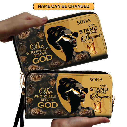 She Who Kneels Before God Can Stand Before Anyone - Personalized Leather Clutch Purse STB10