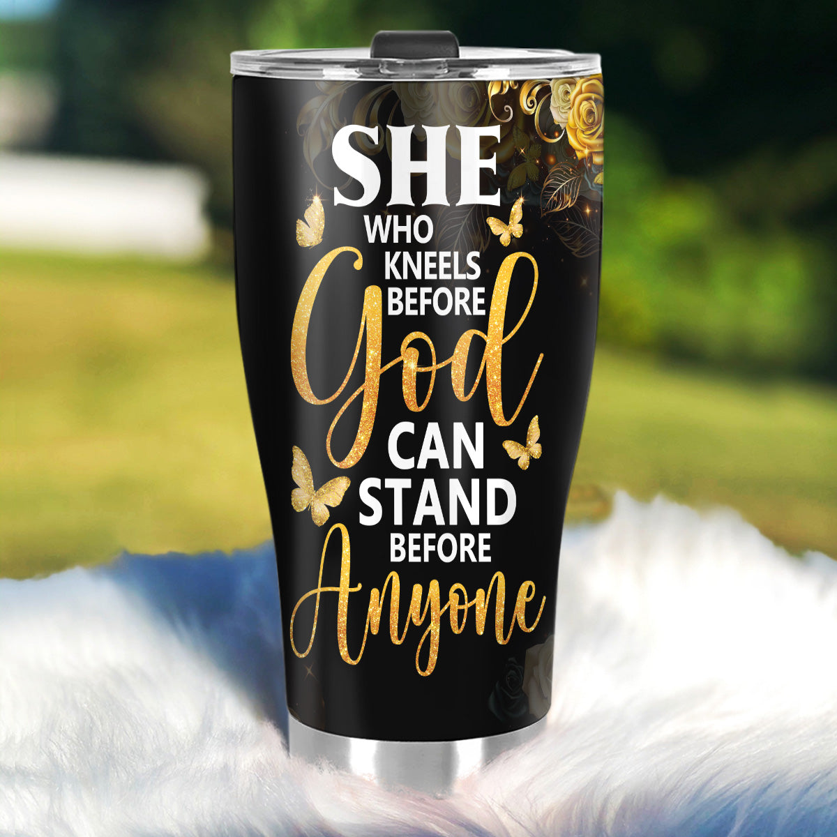She Who Kneels Before God Can Stand Before Anyone - Personalized Stainless Steel Tumbler