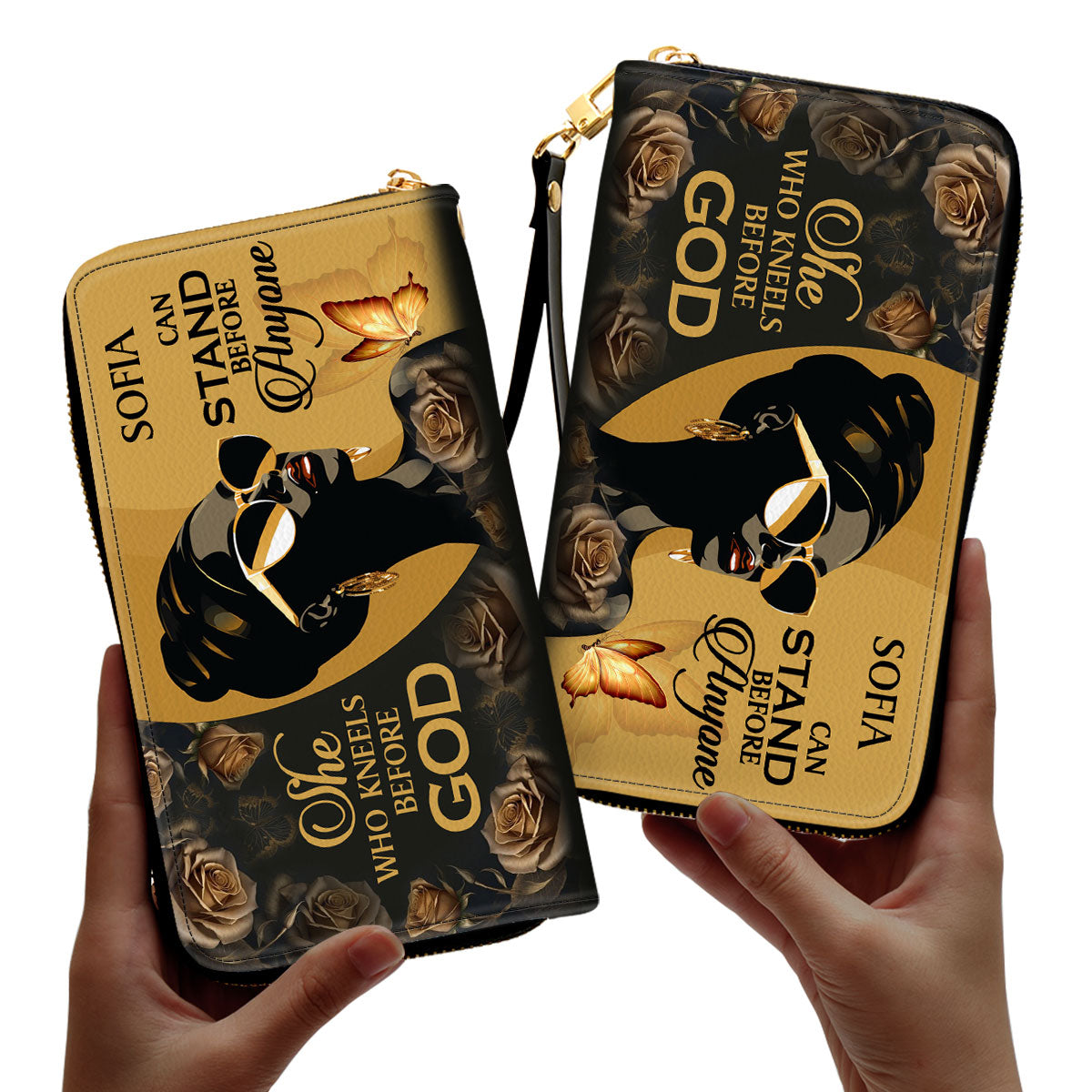 She Who Kneels Before God Can Stand Before Anyone - Personalized Leather Clutch Purse STB10