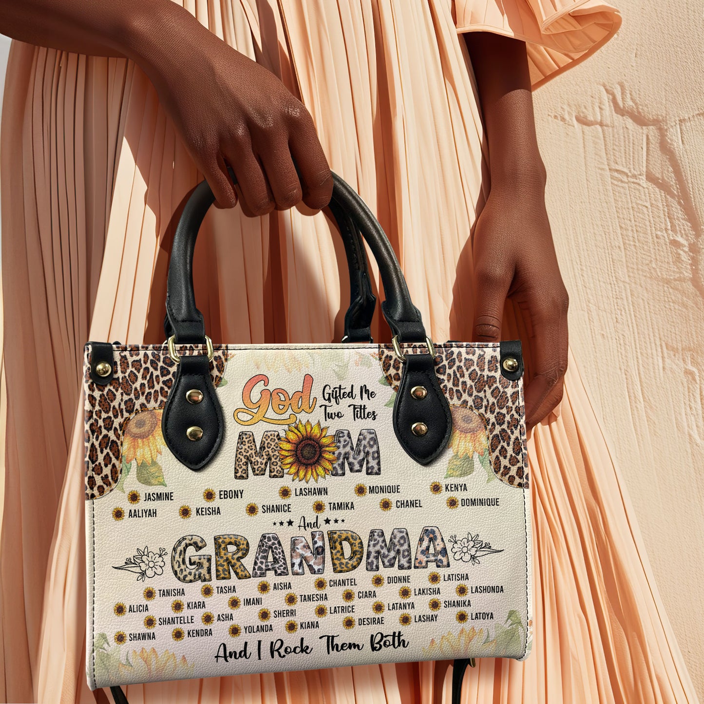 God Gifted Me Two Titles Mom And Grandma And I Rock Them Both - Personalized Leather Handbag SBT42