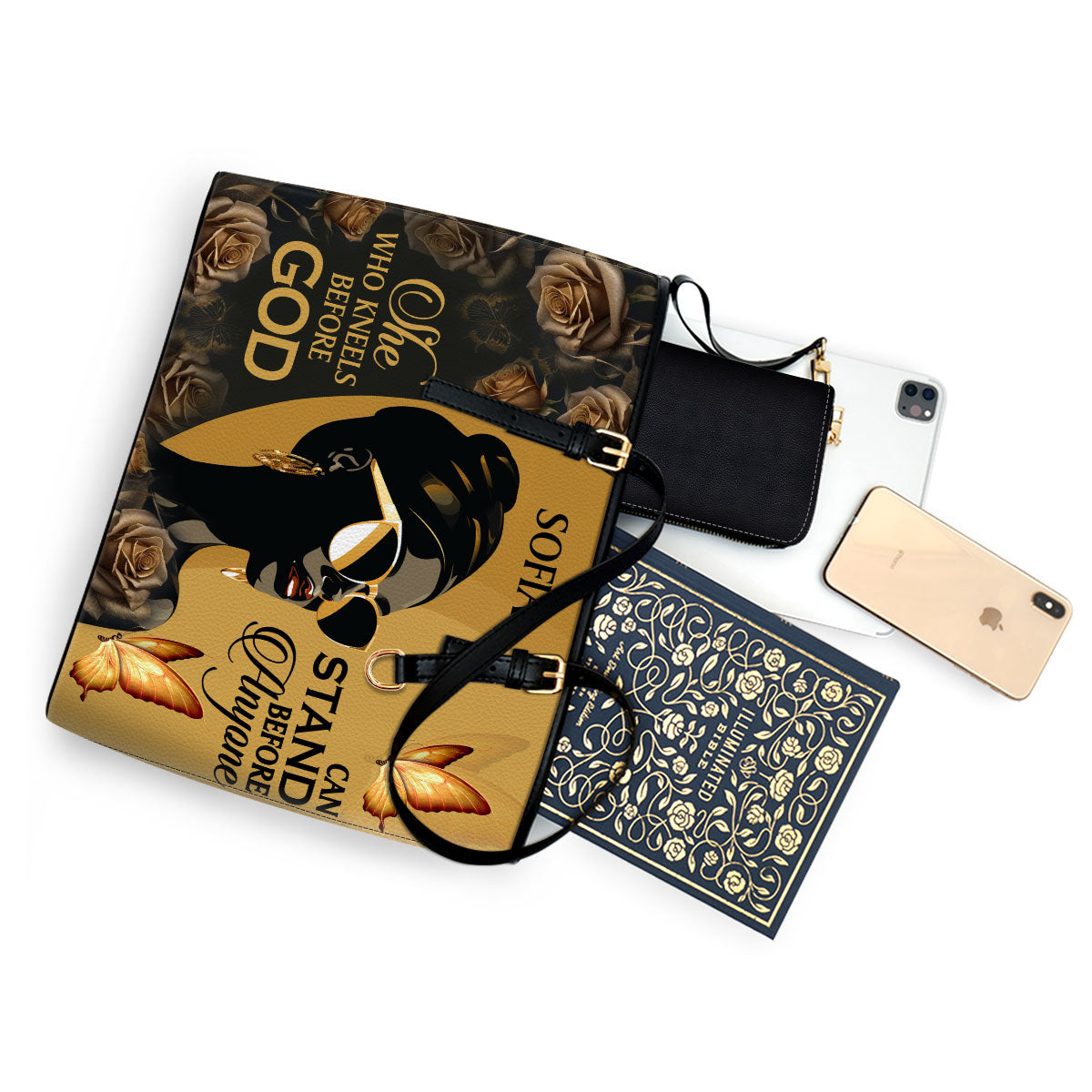 She Who Kneels Before God Can Stand Before Anyone - Personalized Leather Totebag STB10