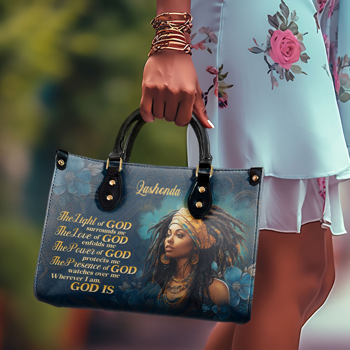 The Light Of God Surrounds Me - Personalized Purple Leather Handbag STB173