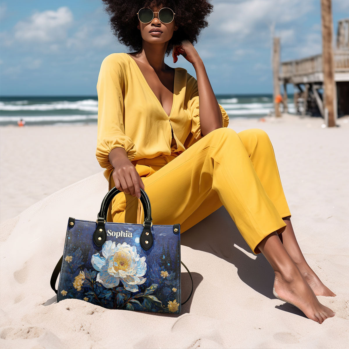 Peony Under The Starry Night - Personalized Leather Handbag MSM28