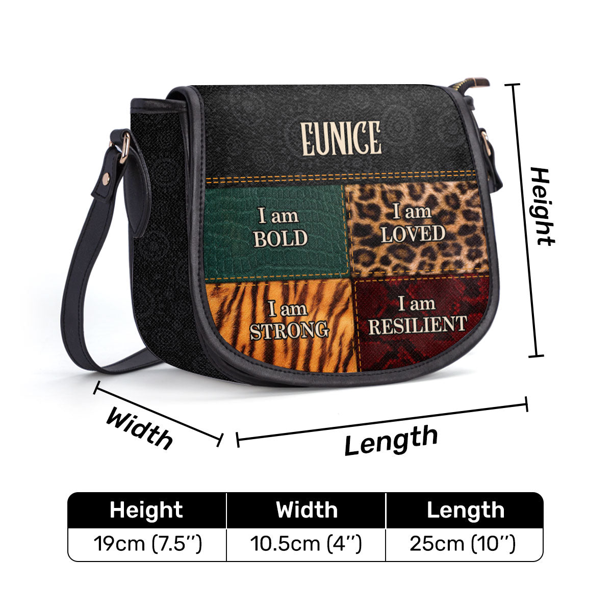 I am BOLD, LOVED, STRONG, RESILIENT - Personalized Leather Saddle Cross Body Bag SB49A