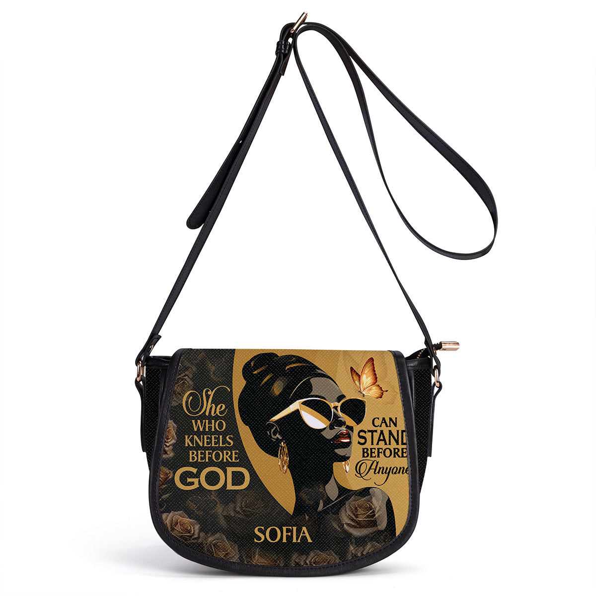 She Who Kneels Before God Can Stand Before Anyone - Personalized Leather Saddle Cross Body Bag STB10