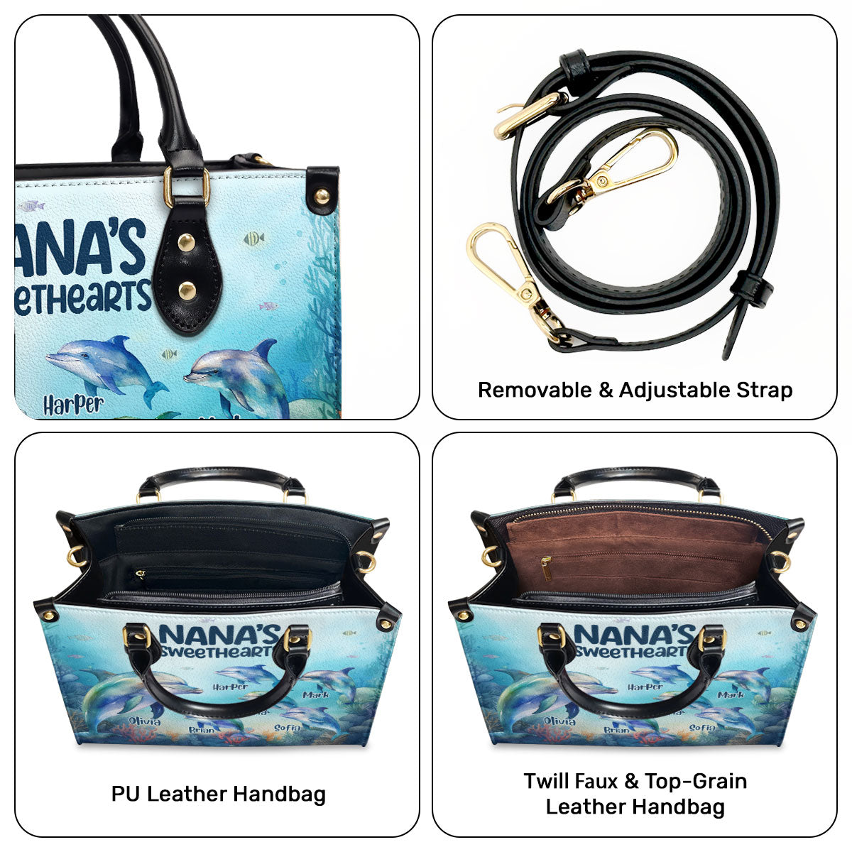 Nana's Sweethearts - Dolphins Personalized Leather Handbag STB110