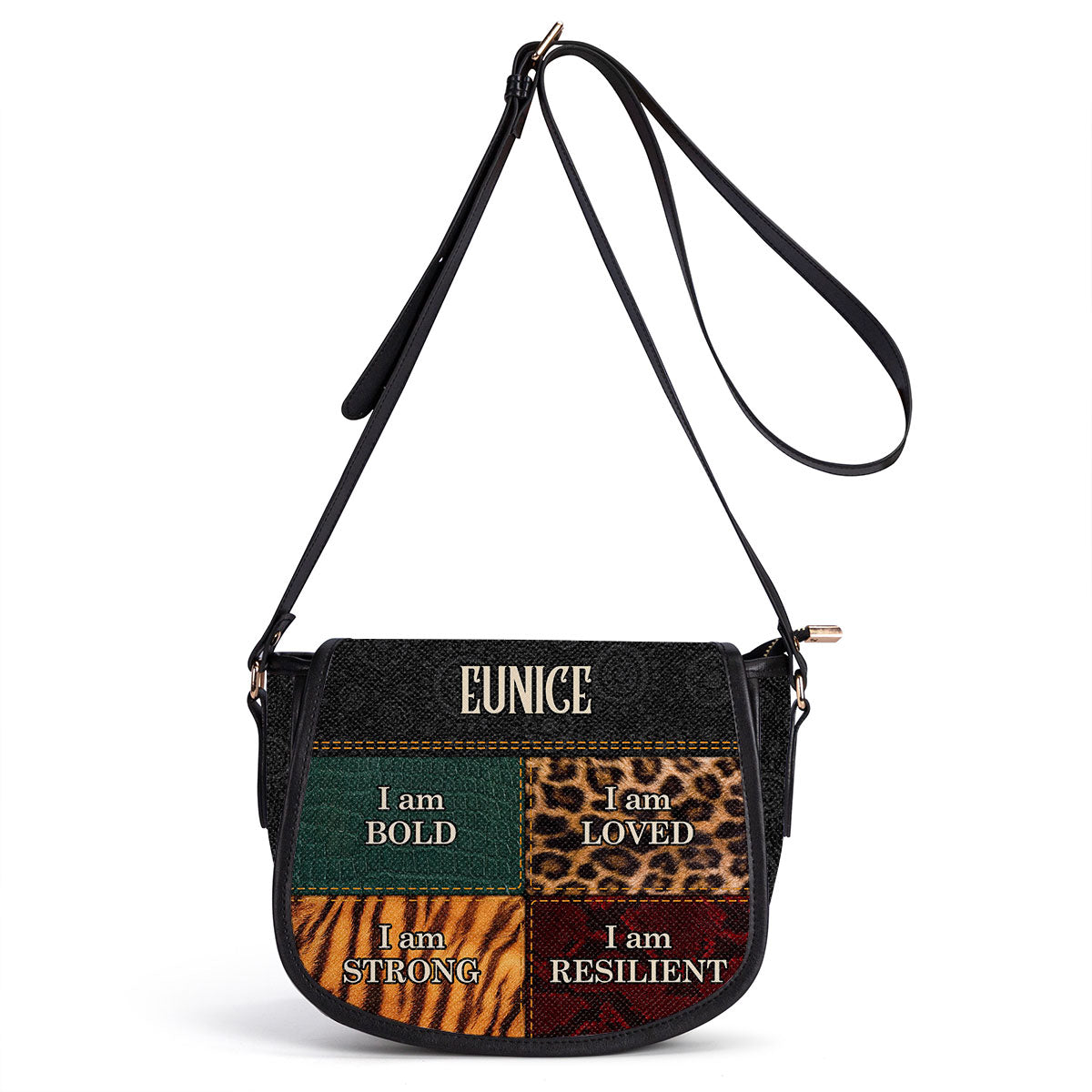 I am BOLD, LOVED, STRONG, RESILIENT - Personalized Leather Saddle Cross Body Bag SB49A