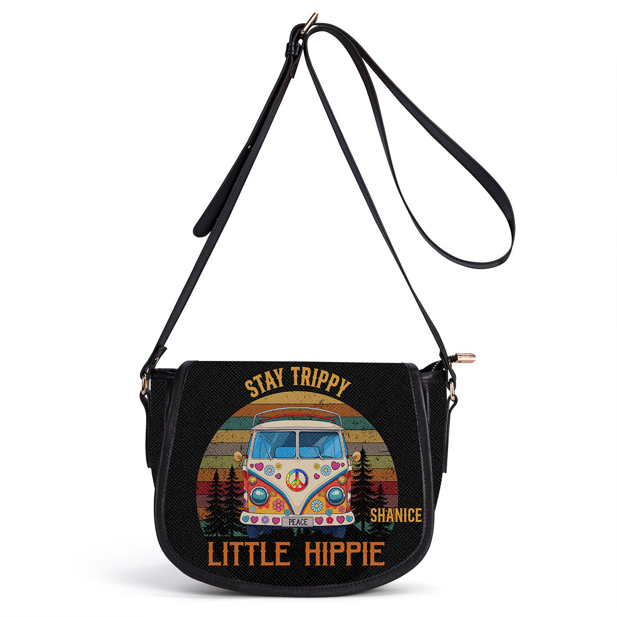 Stay Trippy Little Hippie - Personalized Leather Saddle Cross Body Bag SBHN13