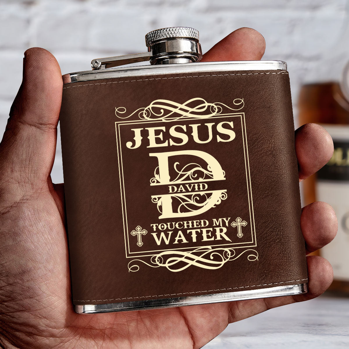 Jesus Touched My Water - Personalized Leather Flask SBLFLALM2100M
