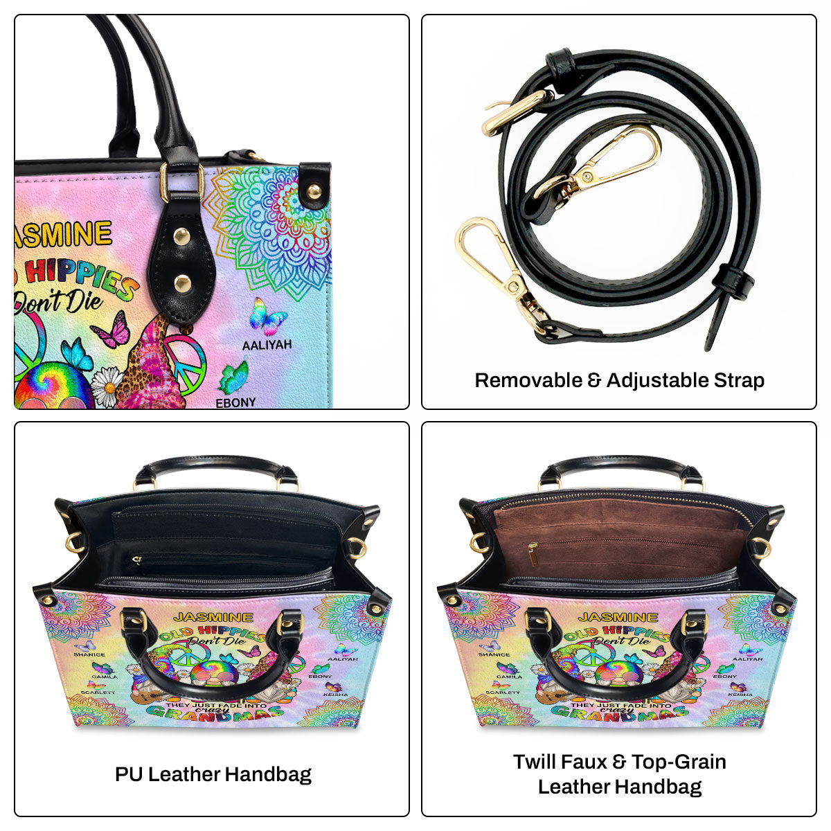 Old Hippies Don't Die They Just Fade Into Crazy Grandmas - Personalized Leather Handbag SBT39