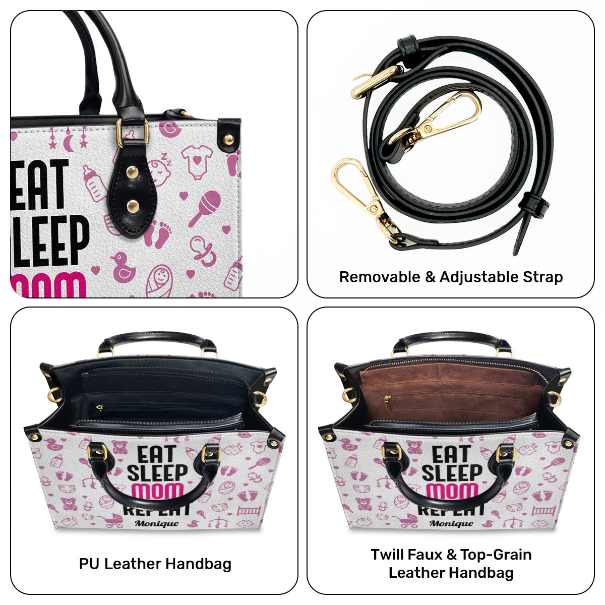 Eat Sleep Mom Repeat - Personalized Leather Handbag STB189