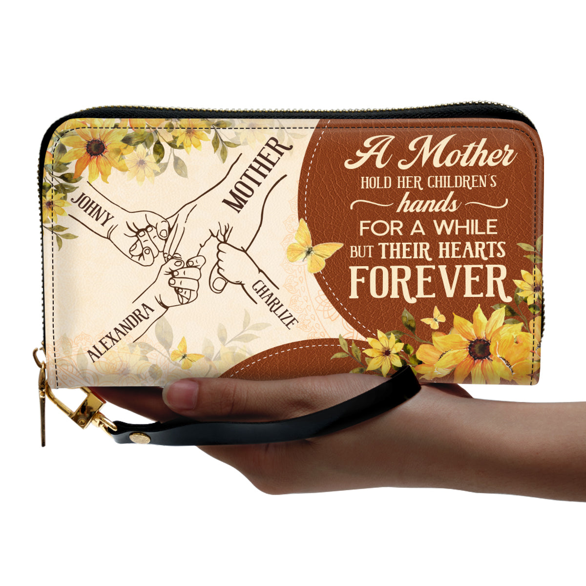 A Mother Holds Her Children Hands For A While - Personalized Leather Clutch Purse SBCPLTU2622TA