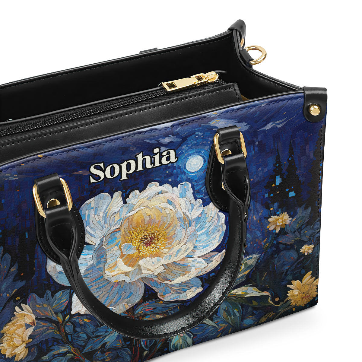 Peony Under The Starry Night - Personalized Leather Handbag MSM28