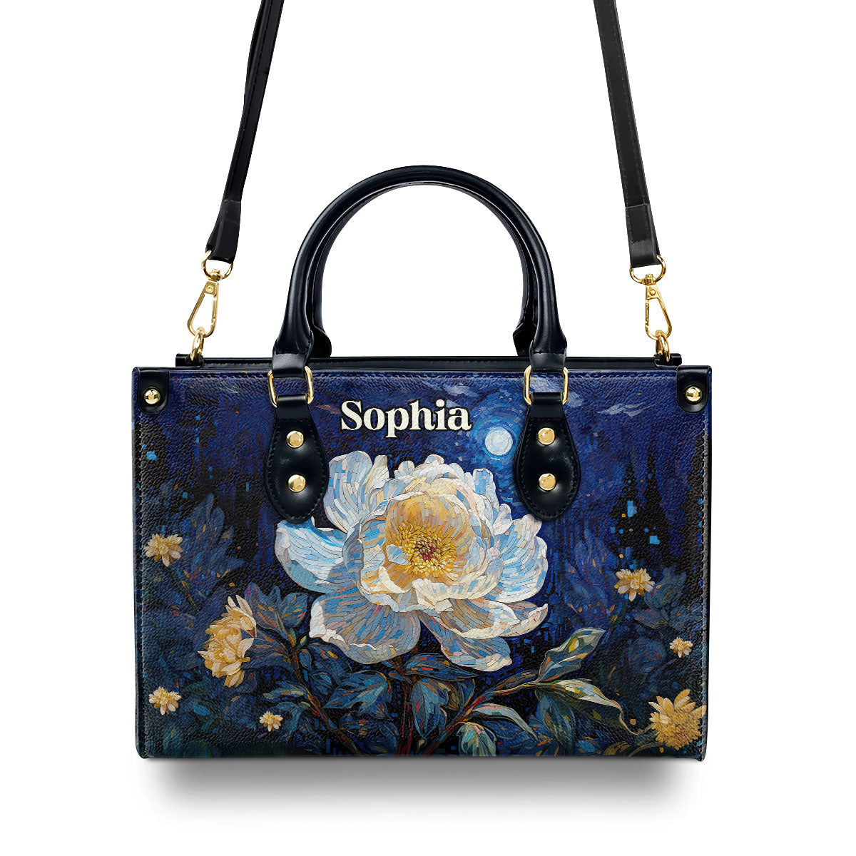 Peony Under The Starry Night - Personalized Leather Handbag MSM28