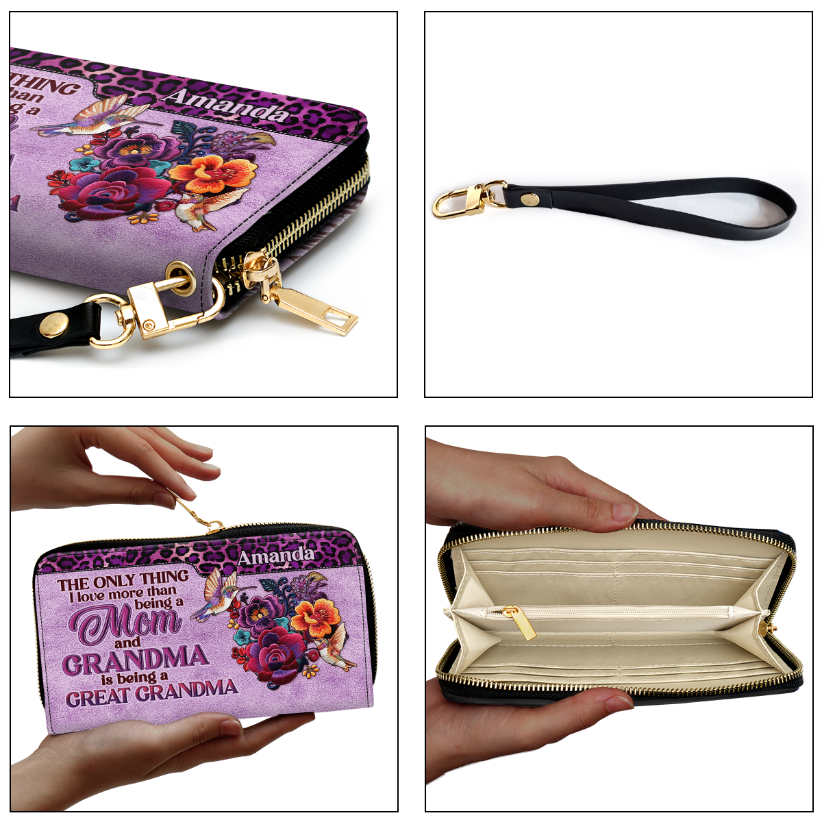 Mom Grandma Great Grandma Hummingbird - Personalized Leather Clutch Purse SBCPLM2553D
