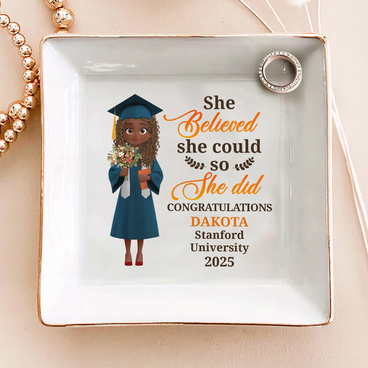 She Believed She Could So She Did - Personalized Square Shaped Jewelry Dish