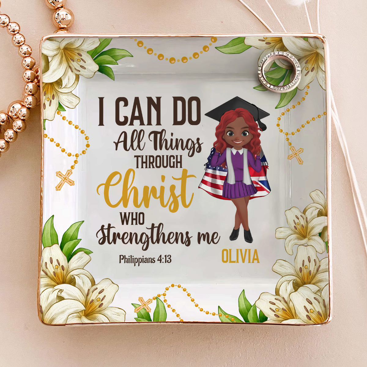 Christ Who Strengthens Me - Personalized Ceramic Ring Dish Square