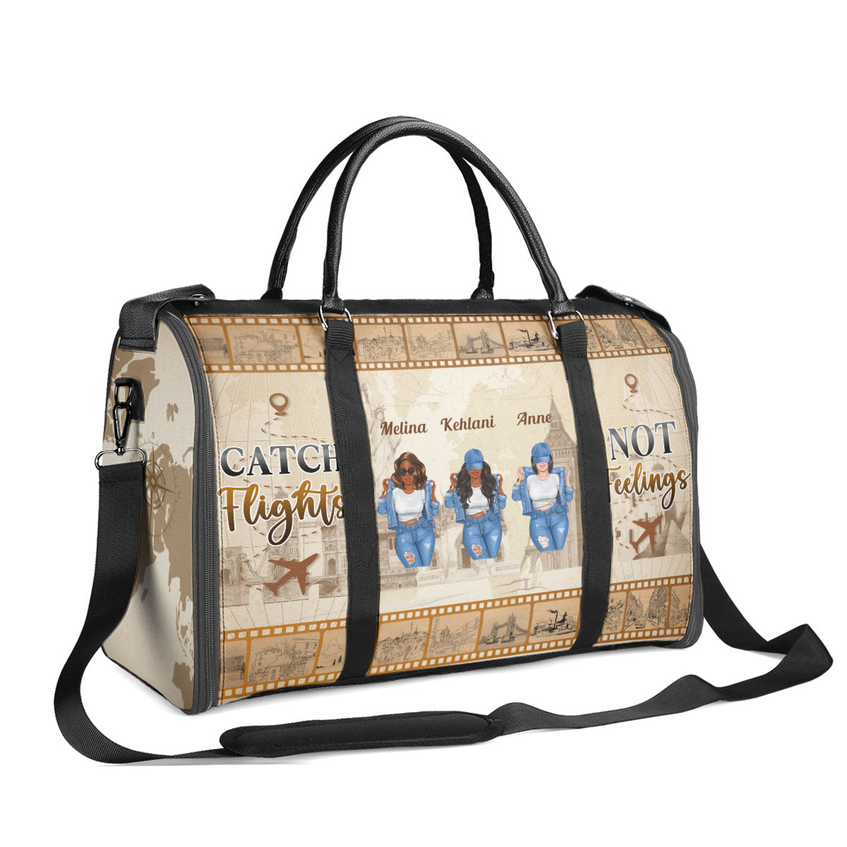 Catch Flights Not Feelings - Personalized Leather Duffle Bag SBDBHA33