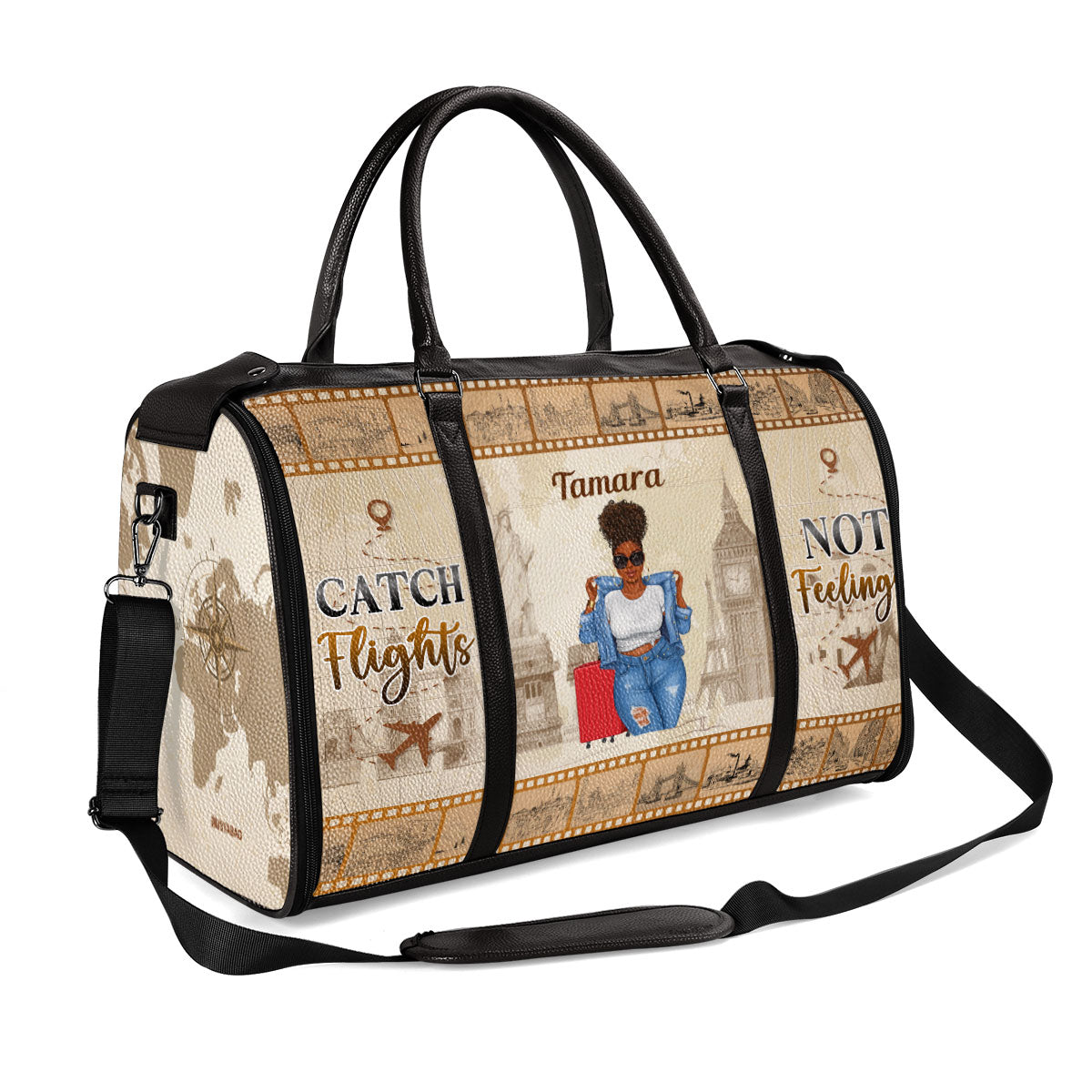 Catch Flights Not Feelings - Personalized Leather Duffle Bag SBDBHA33