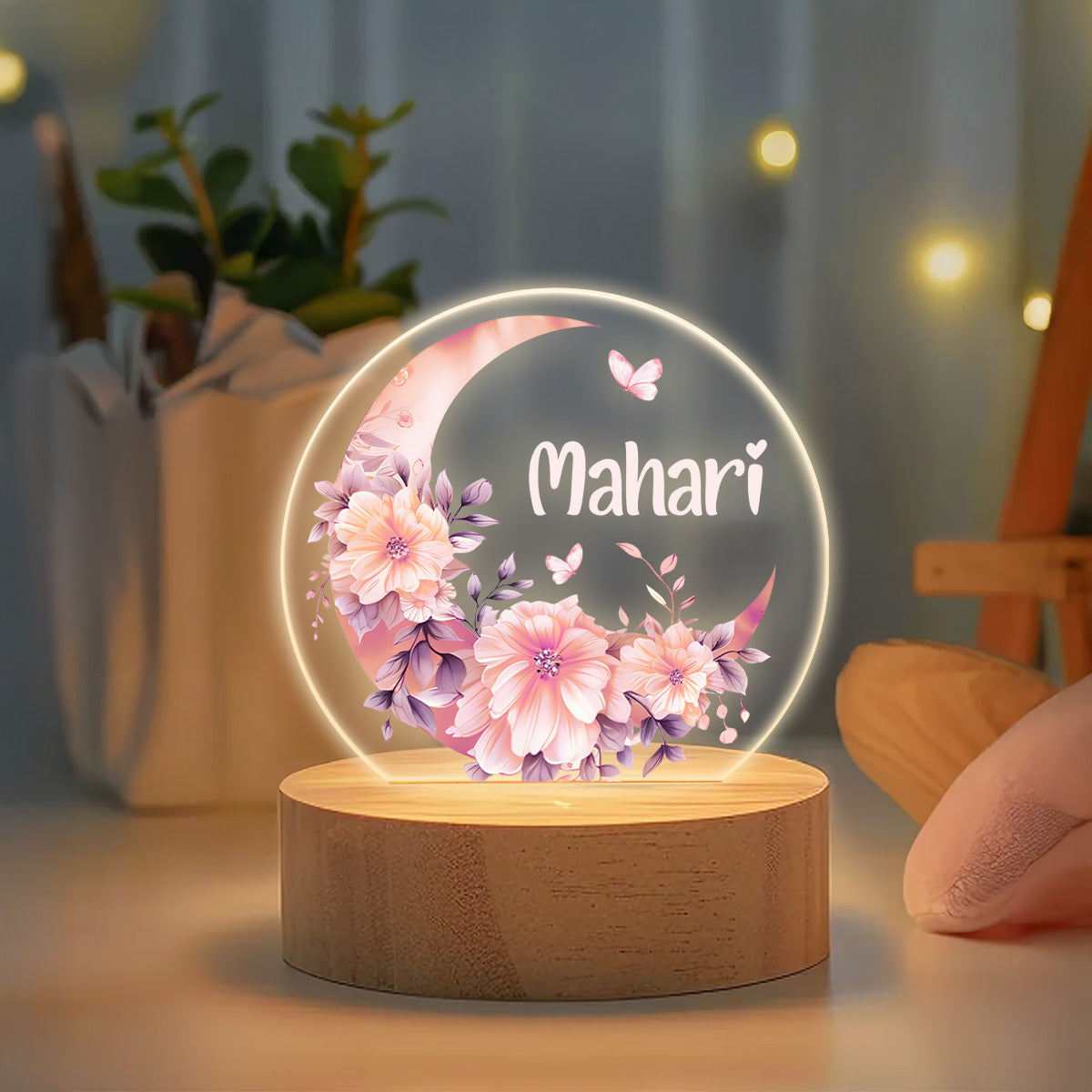 Floral Moon - Personalized Round Base LED Night Light