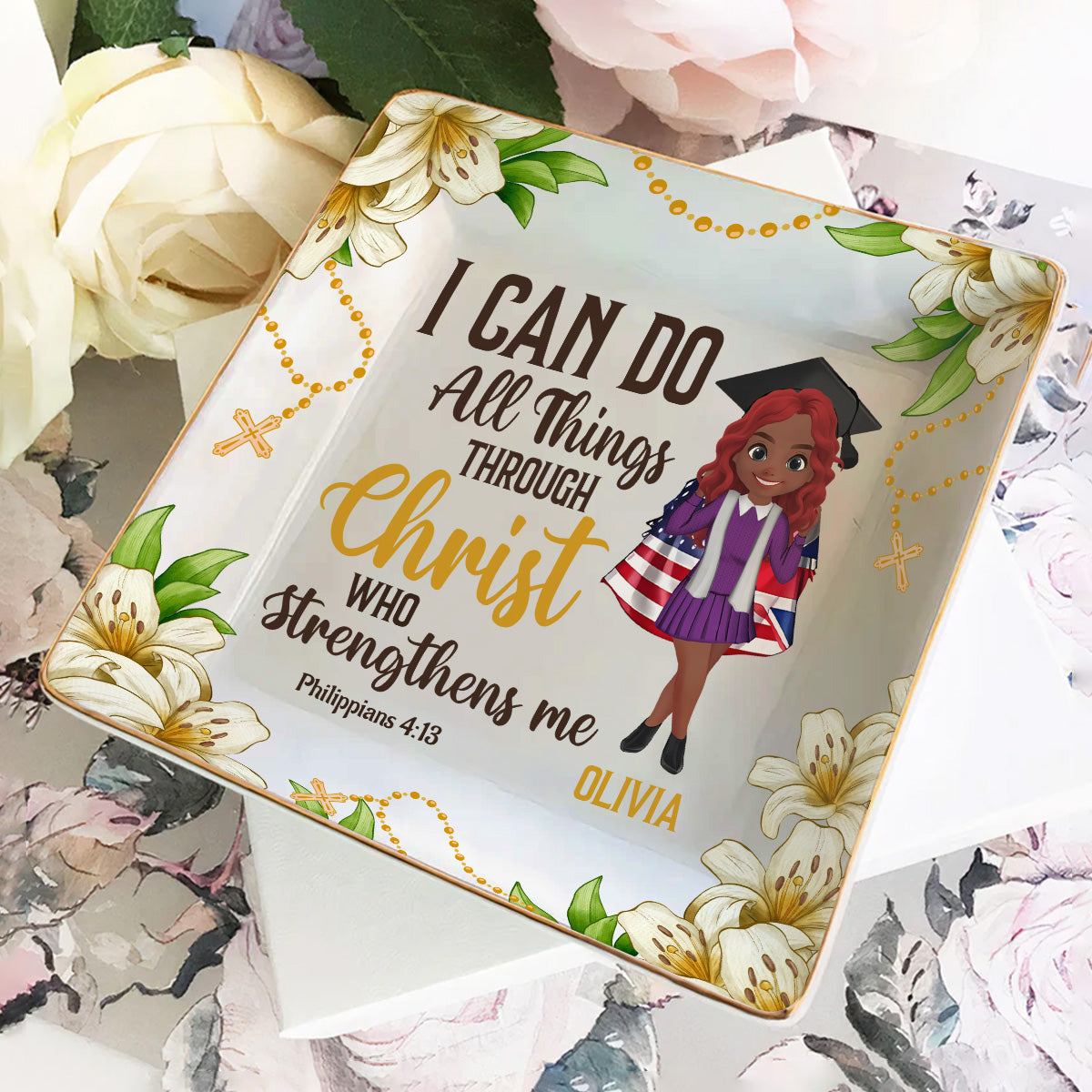 Christ Who Strengthens Me - Personalized Ceramic Ring Dish Square