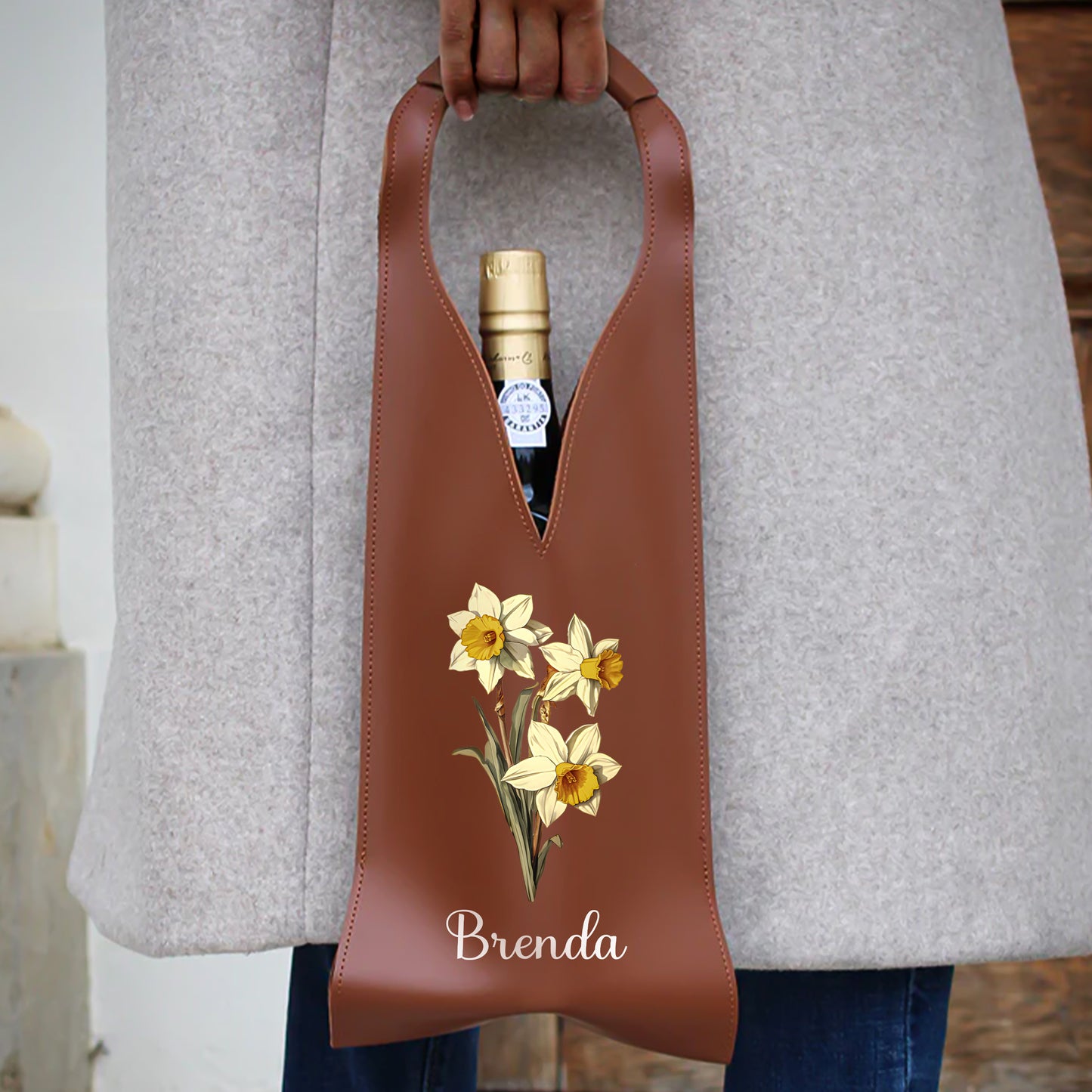 Birth Month Flower - Personalized Leather Wine Bag
