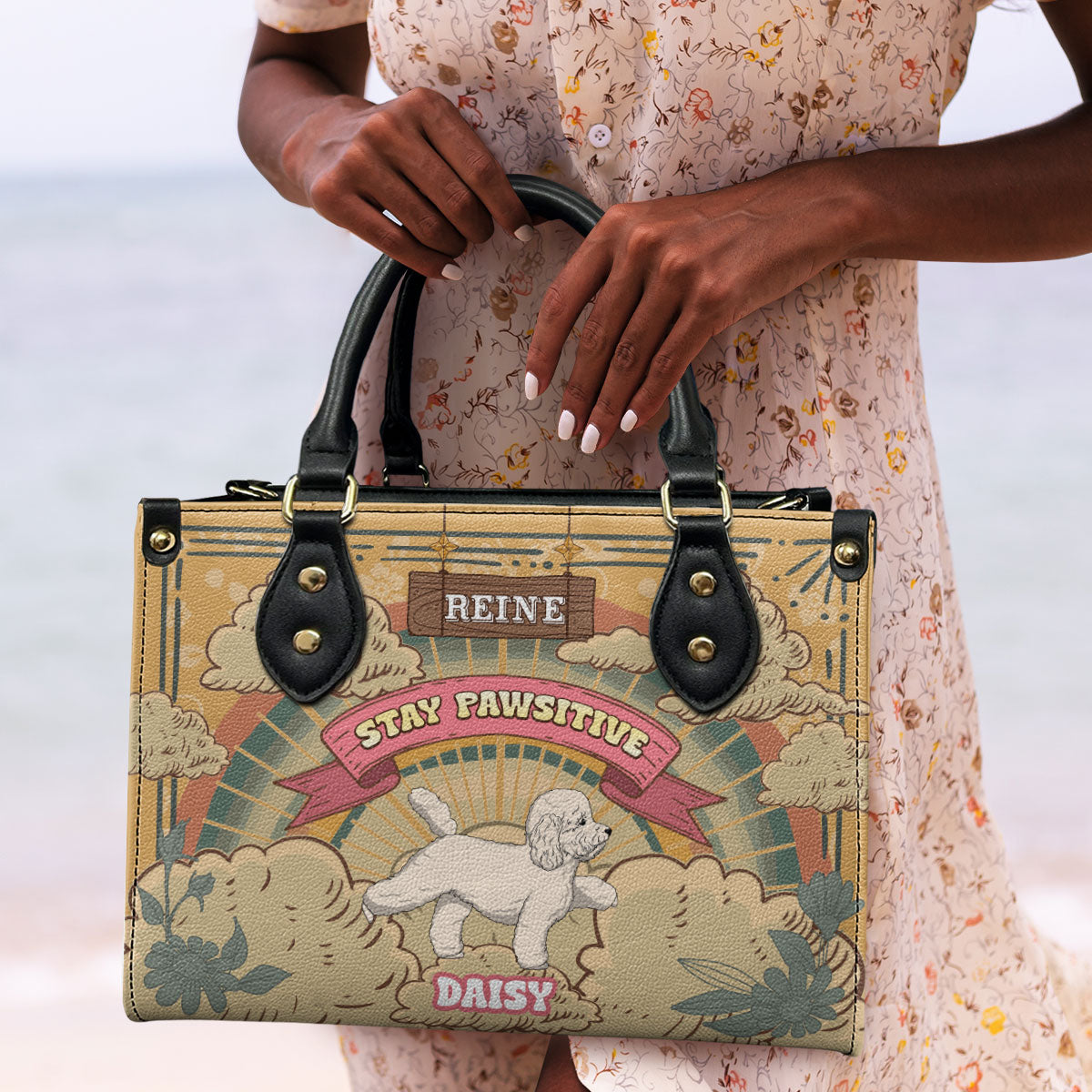 Stay Pawsitive - Personalized Leather Hand Bag SBLHBHA29