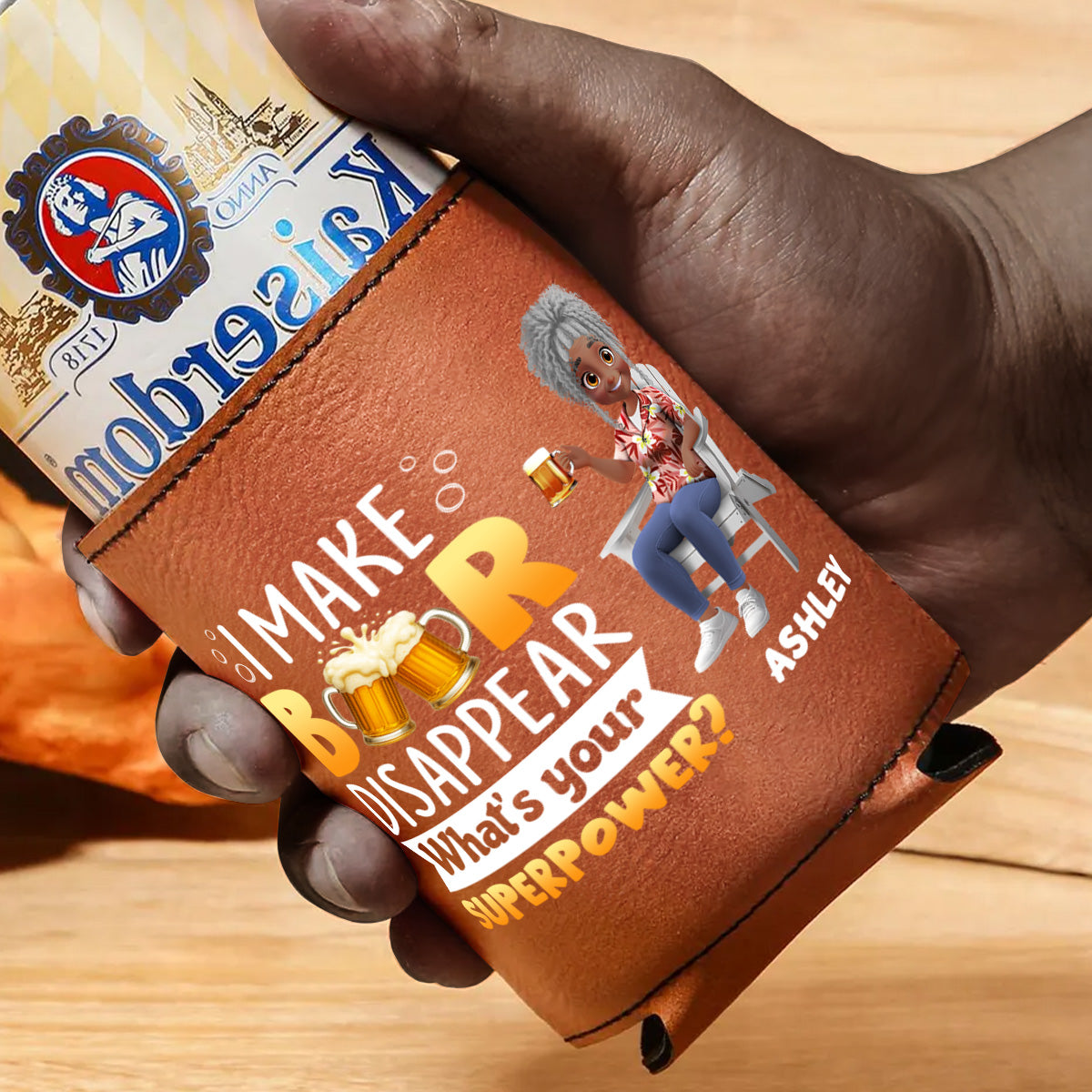 What Is Your Superpower - Personalized Leather Can Cooler