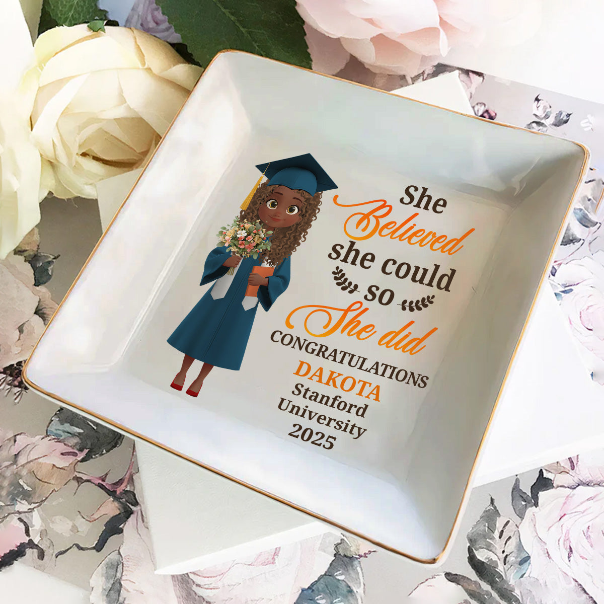 She Believed She Could So She Did - Personalized Square Shaped Jewelry Dish