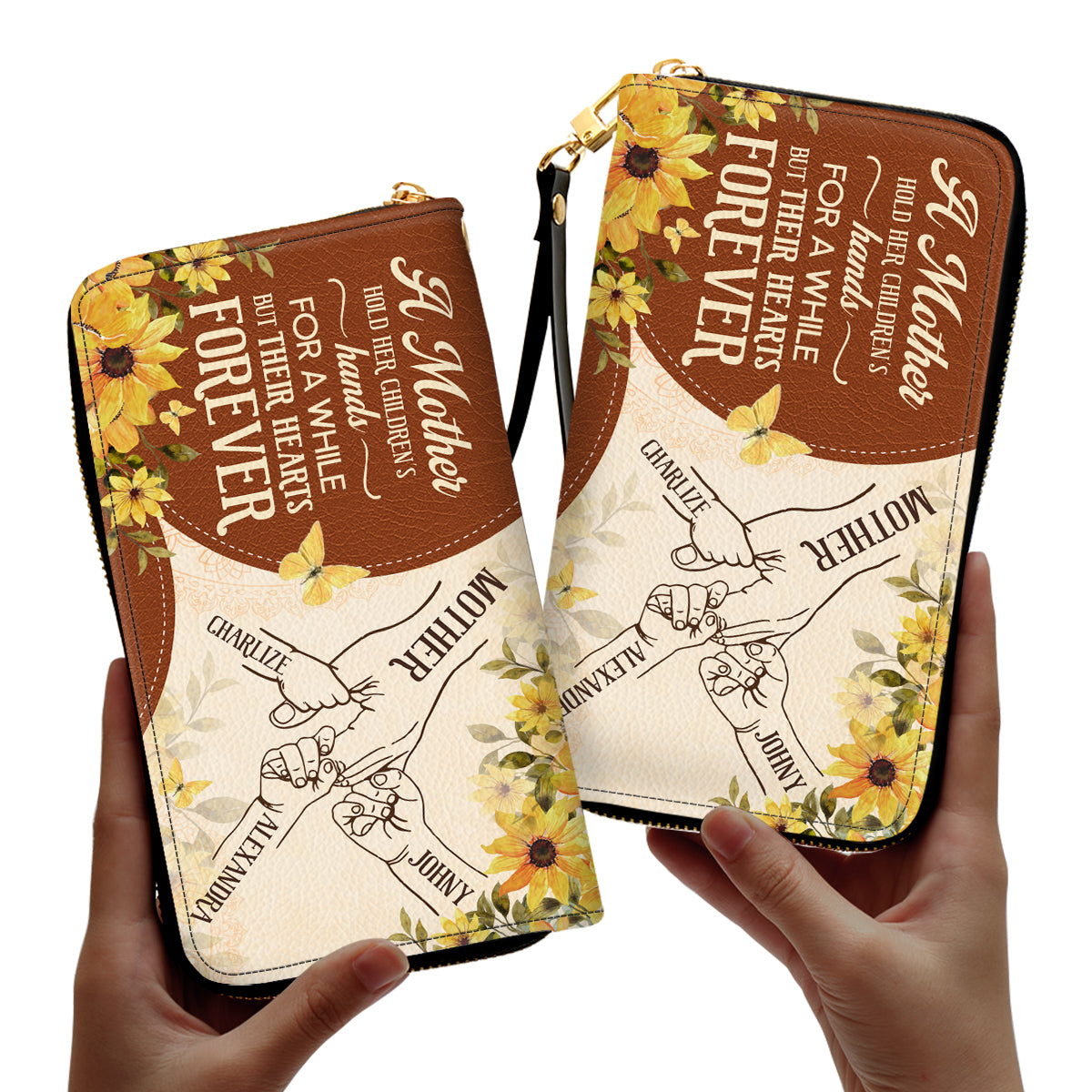 A Mother Holds Her Children Hands For A While - Personalized Leather Clutch Purse SBCPLTU2622TA
