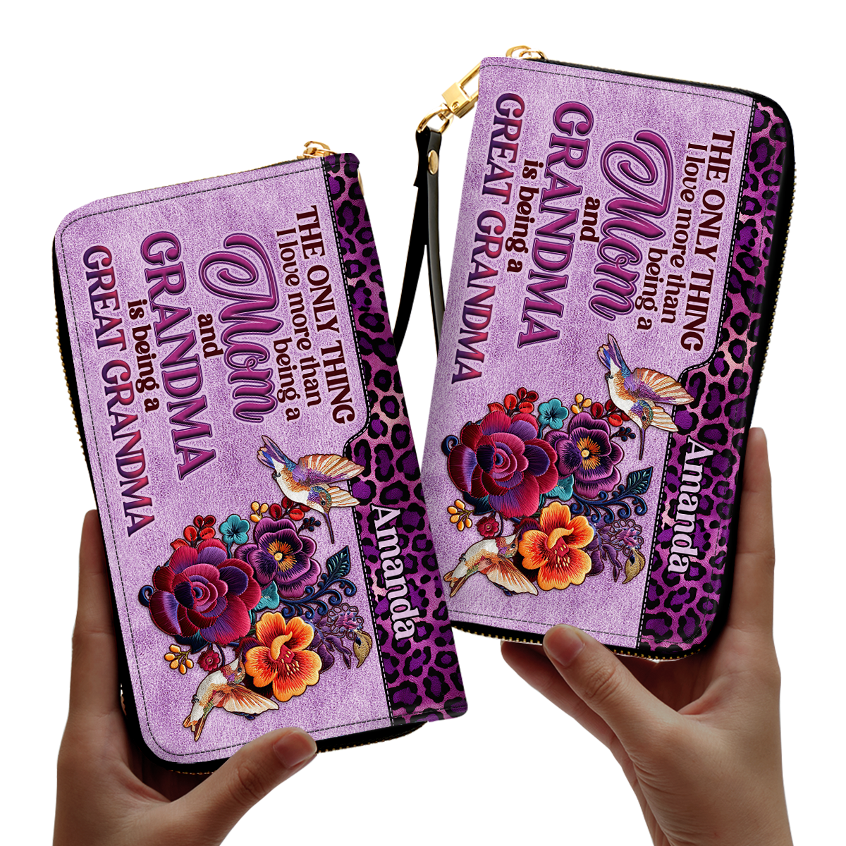 Mom Grandma Great Grandma Hummingbird - Personalized Leather Clutch Purse SBCPLM2553D