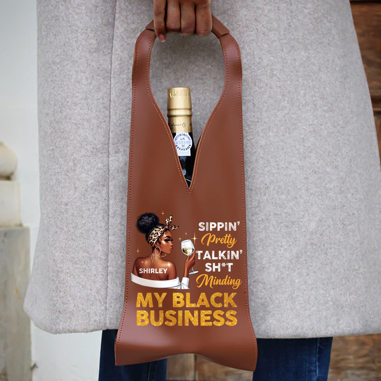 Minding My Black Business - Personalized Leather Wine Bag