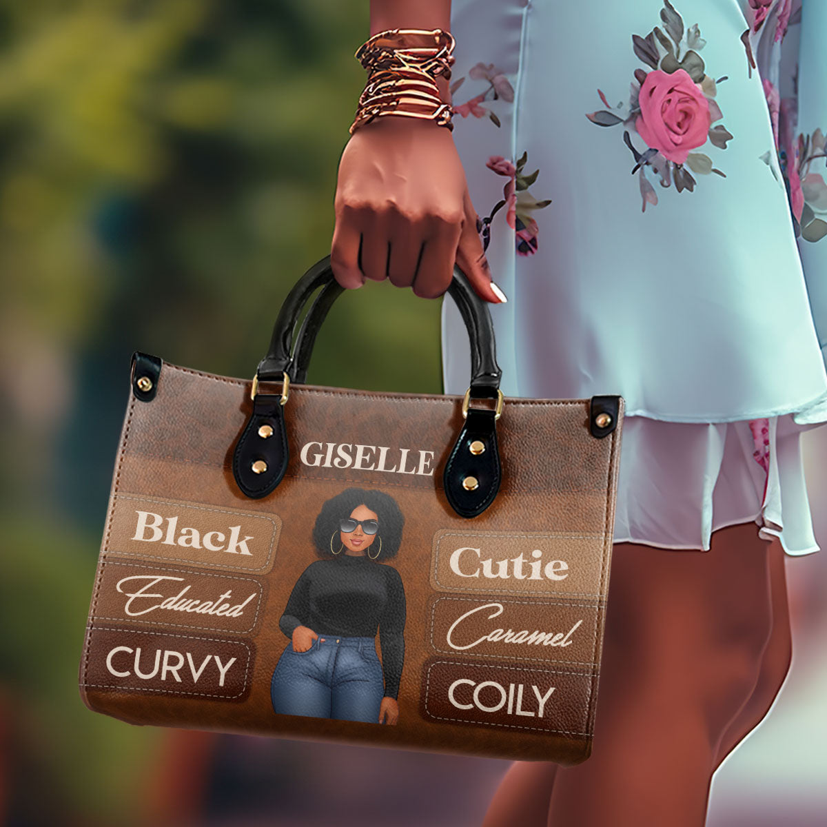 Black Educated Curvy Caramel Cutie Girl - Personalized Leather Handbag SBLHBLN948D