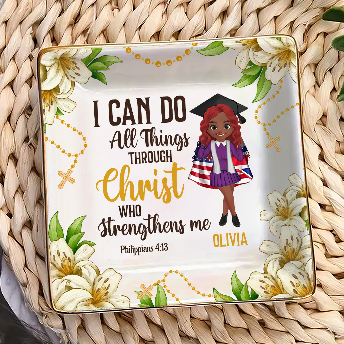Christ Who Strengthens Me - Personalized Ceramic Ring Dish Square