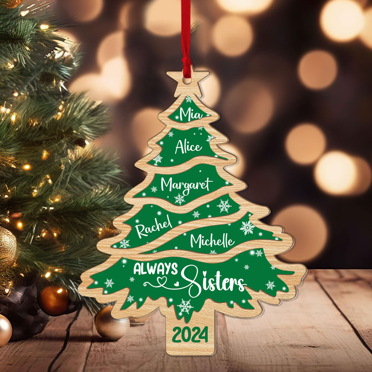 Sisters Forever Christmas Tree - Personalized Wood & Acrylic Ornament