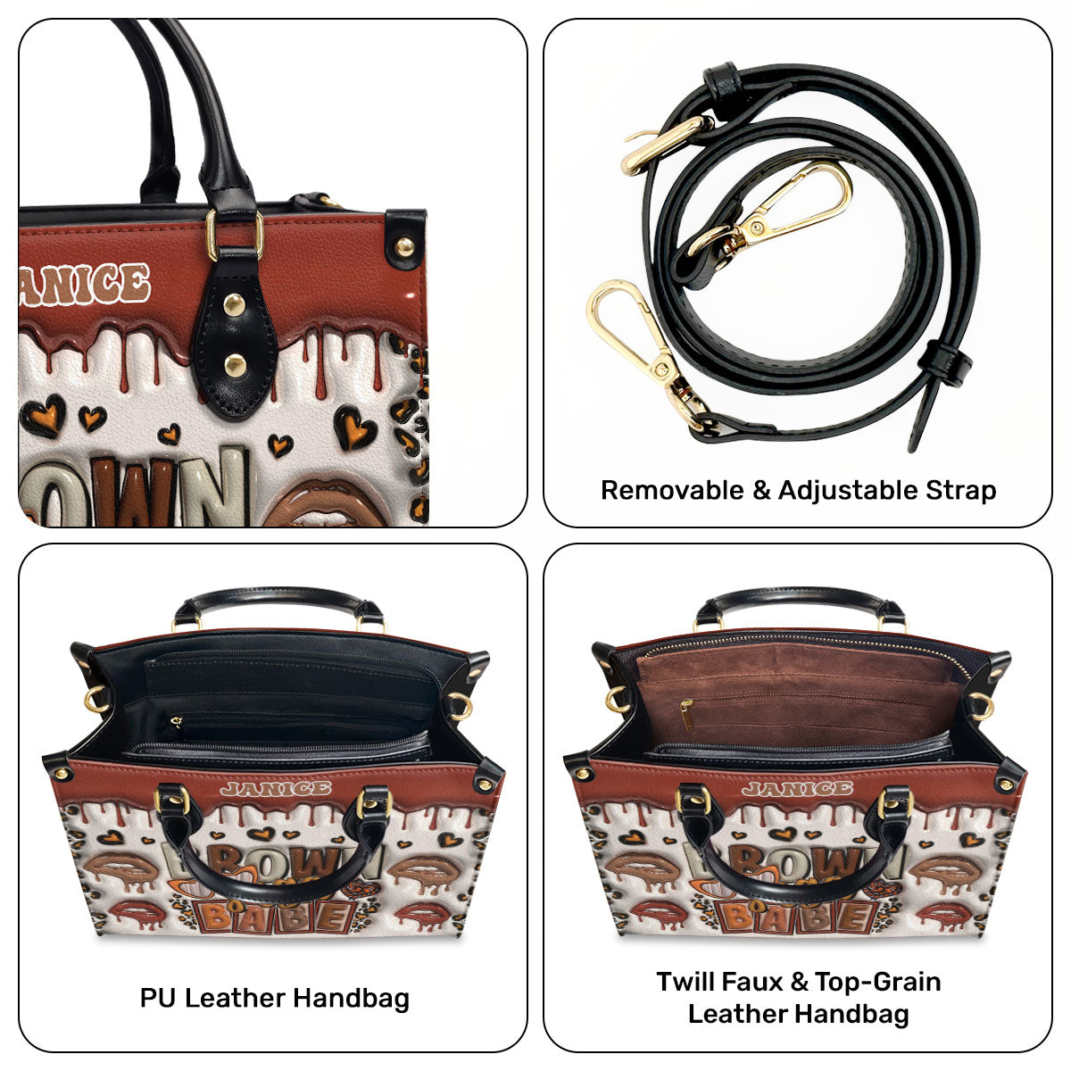 Brown Suga Babe 3D Effect - Personalized Leather Handbag SBLHBHA48