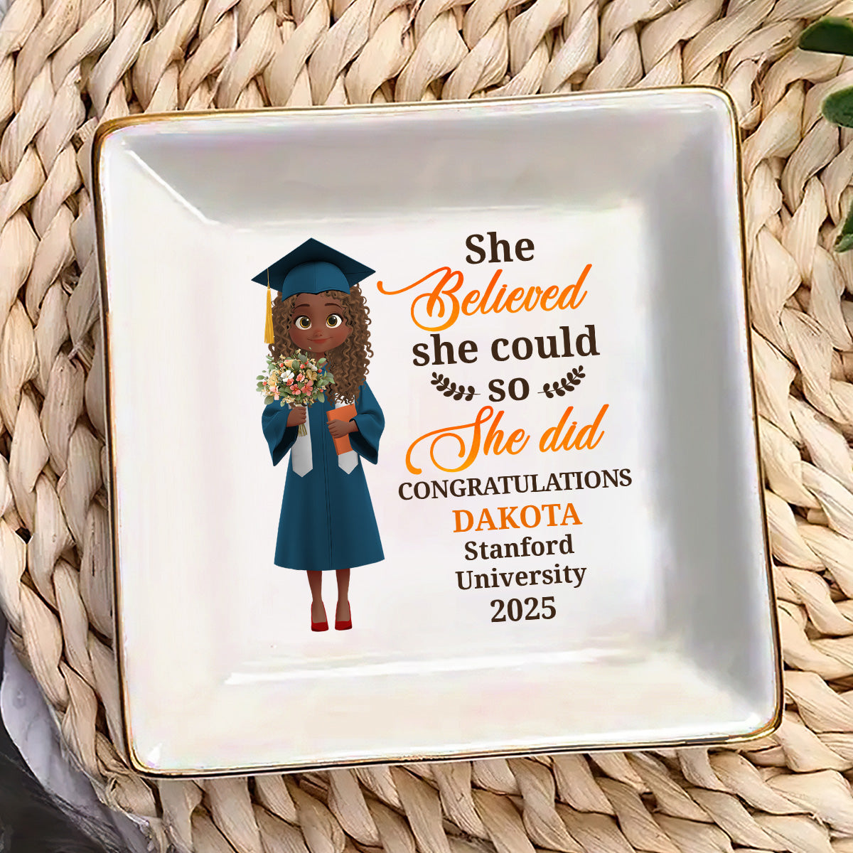 She Believed She Could So She Did - Personalized Square Shaped Jewelry Dish