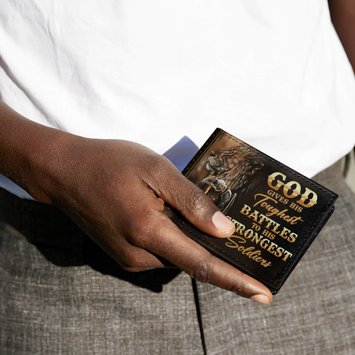 God Gives His Toughest Battles To His Strongest Soldiers - Personalized Leather Folded Wallet SBLFWLM2703L