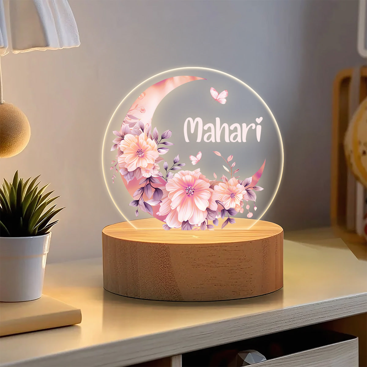 Floral Moon - Personalized Round Base LED Night Light