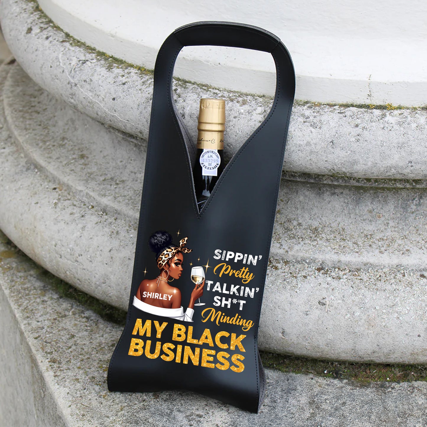 Minding My Black Business - Personalized Leather Wine Bag