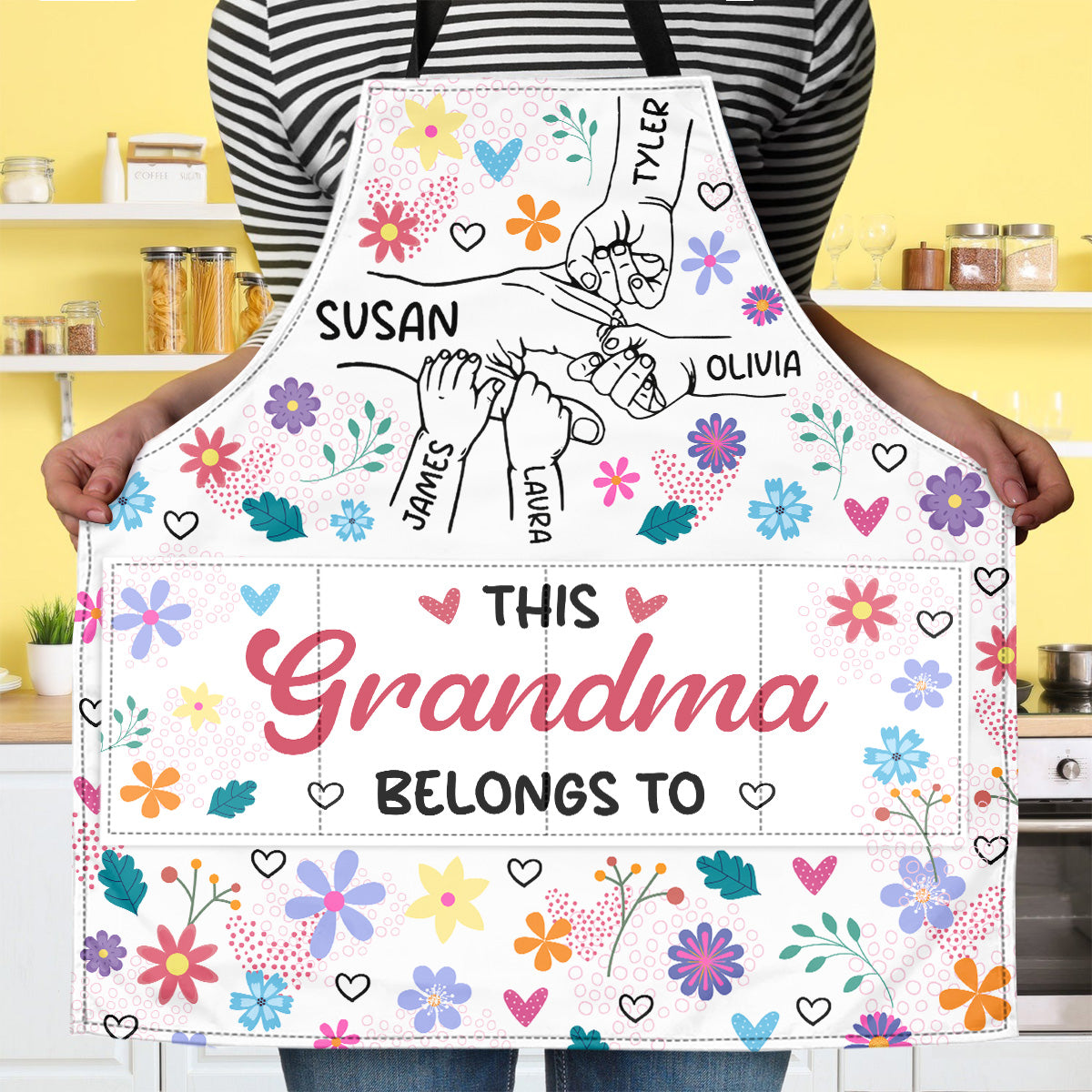Grandma Holding Hands With Colorful Flowers - Personalized Apron With Packet