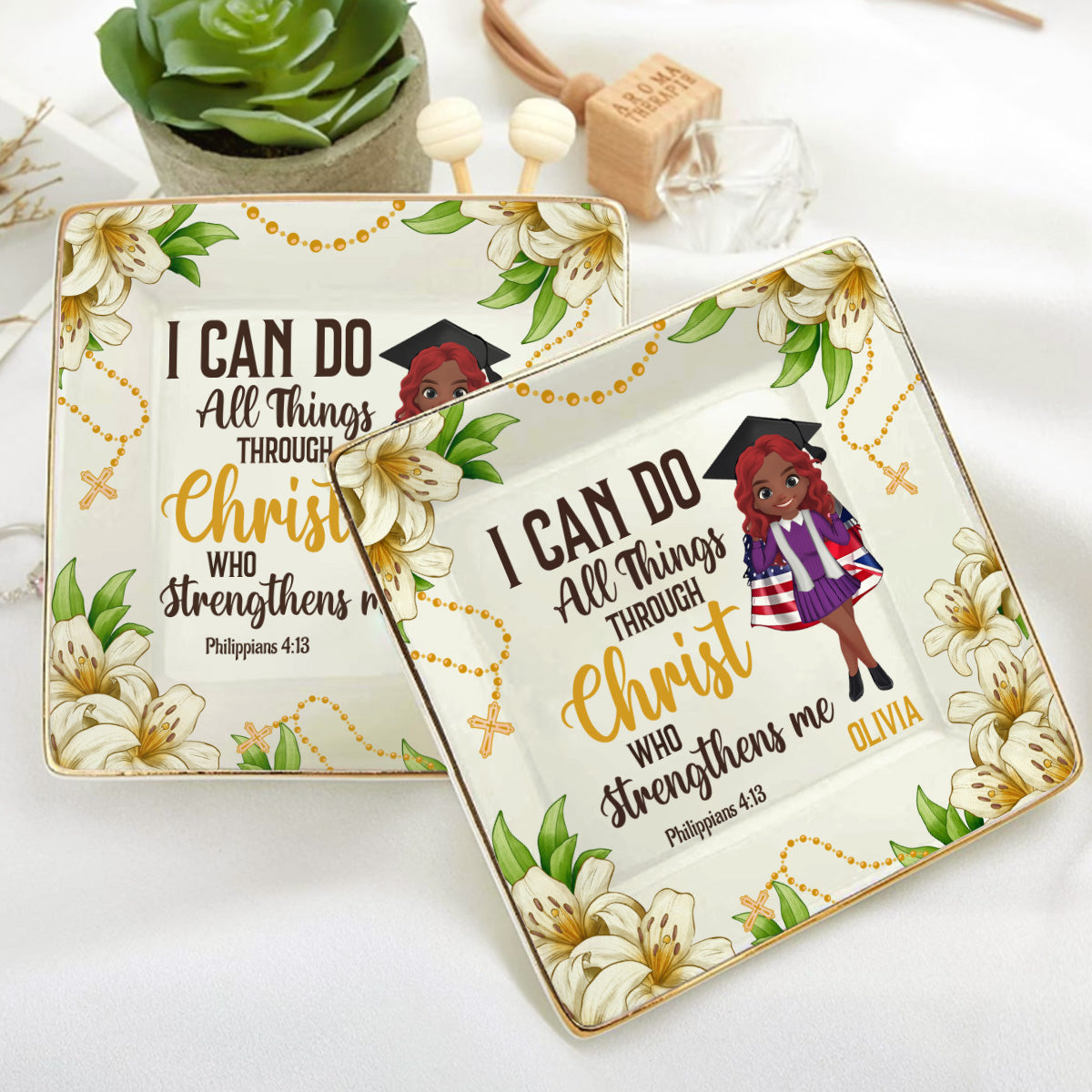 Christ Who Strengthens Me - Personalized Ceramic Ring Dish Square