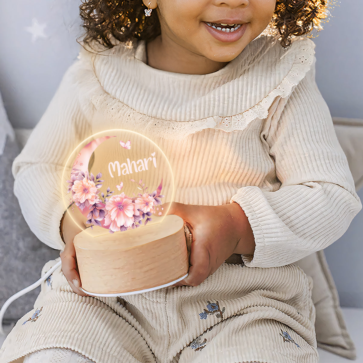 Floral Moon - Personalized Round Base LED Night Light