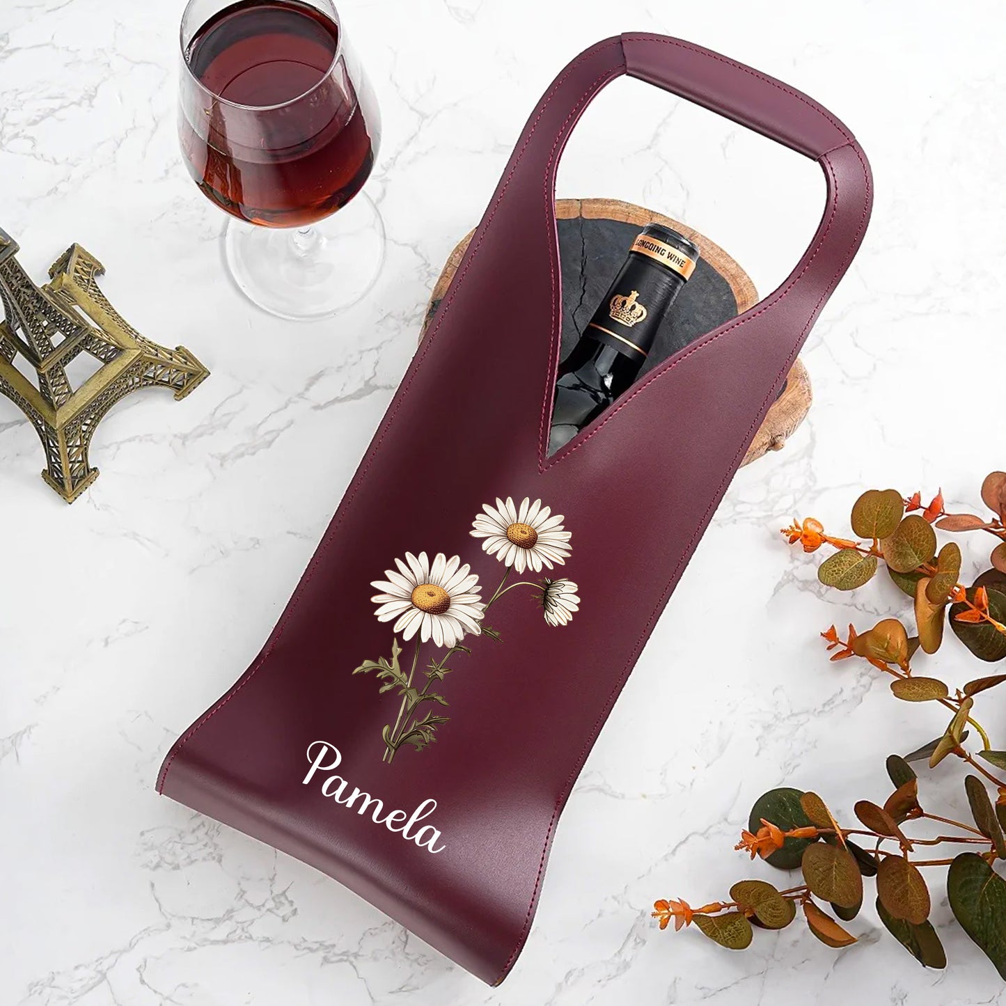 Birth Month Flower - Personalized Leather Wine Bag