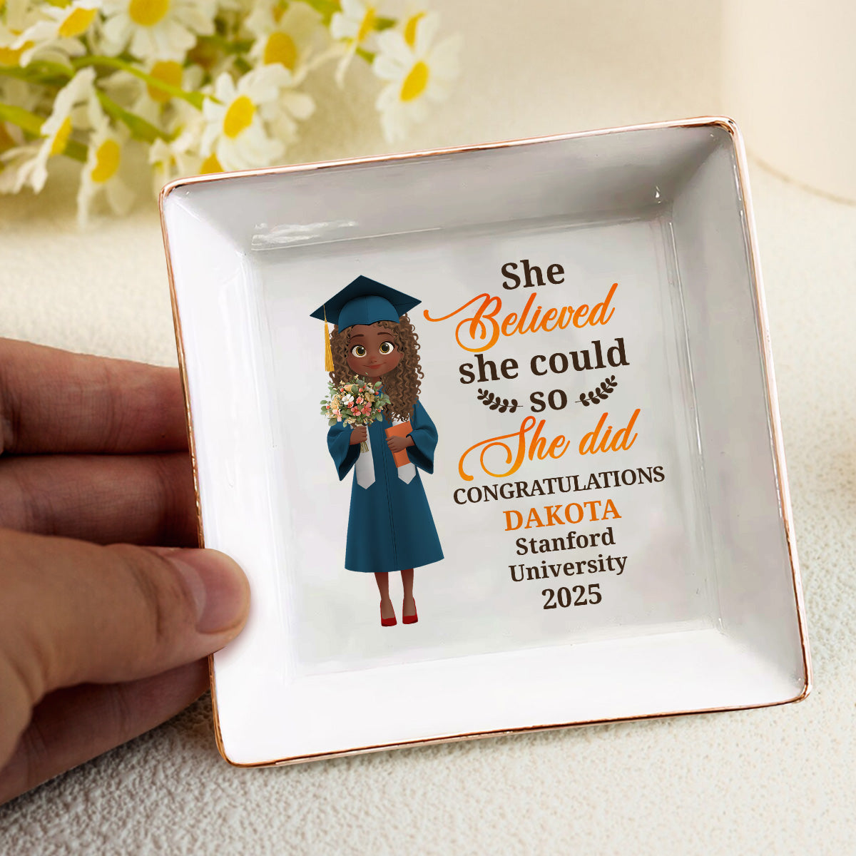 She Believed She Could So She Did - Personalized Square Shaped Jewelry Dish