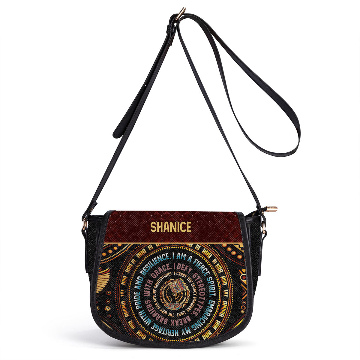 Mantra - I Am A Fierce Spirit- Personalized Leather Saddle Cross Body Bag MB03
